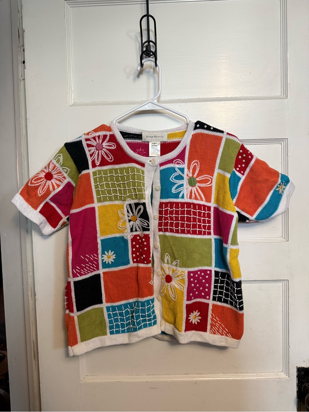 Susan Bristol multicolored patchwork cardigan sweater w/beads and flowers Size M